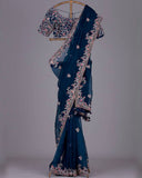 Georgette Blue Heavy Blooming Georgette Embroidery Work Saree With Blouse