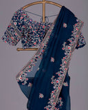 Georgette Blue Heavy Blooming Georgette Embroidery Work Saree With Blouse
