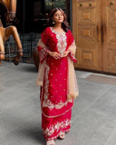 Exclusive Green , Red & Black Jimmy Silk Embroidery Work Pakistani Suit With Dupatta