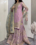 Exclusive Lilac Georgette Embroidery Work Gharara Suit With Sky Dupatta