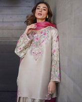 Ready To Wear Beige French Crep Embroidery Work Farshi Suit With Pink Dupatta
