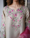 Ready To Wear Beige French Crep Embroidery Work Farshi Suit With Pink Dupatta