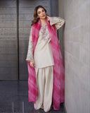 Ready To Wear Beige French Crep Embroidery Work Farshi Suit With Pink Dupatta