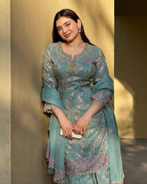 Ready To Wear Sea Green Chinon Silk Embroidery Work Palazo Suit With Dupatta