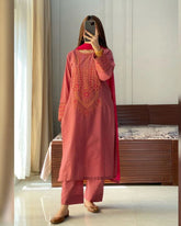 Ready To Wear Red Roman Silk Embroidery Work Pant Suit With Dupatta