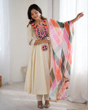 Ready To Wear Cream Pure Cotton Embroidery Work Anarkali Suit With Dupatta
