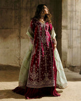 Exclusive Rose Pink Soft Georgette Embroidery Work Sharara Suit With Green Dupatta