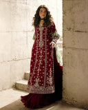 Exclusive Rose Pink Soft Georgette Embroidery Work Sharara Suit With Green Dupatta