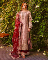 Ready To Wear Copper- Maroon Heavy Silk Embroidery Work Pant Suit With Dupatta