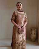 Ready To Wear Rose Gold Jimmy Silk Embroidery Work Pakistani Suit With Dupatta