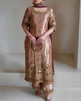 Ready To Wear Rose Gold Jimmy Silk Embroidery Work Pakistani Suit With Dupatta