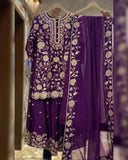 Ready To Wear Purple & Sky Chinon Silk Embroidery Work Sharara Suit With Dupatta