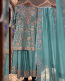 Ready To Wear Purple & Sky Chinon Silk Embroidery Work Sharara Suit With Dupatta