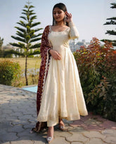 Ready To Wear Cream Chinon Silk Embroidery Work Anarkali Suit With Maroon Dupatta