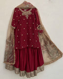 Ready To Wear Red Chinon Silk Embroidery Work Gharara Suit With Dupatta