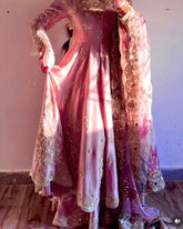 Ready To Wear Rose Gold Satin Silk Embroidery Work Anarkali Sharara Suit With Dupatta