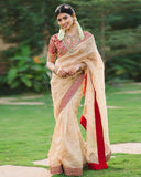 Ready To Wear Beige-Red Georgette Embroidery Work Saree With Blouse