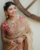 Ready To Wear Beige-Red Georgette Embroidery Work Saree With Blouse