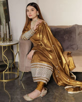 Ready To Wear Golden Jimmy Silk Embroidery Work Pant Suit With Dupatta