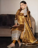 Ready To Wear Golden Jimmy Silk Embroidery Work Pant Suit With Dupatta
