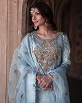 Ready To Wear Sky Chinon Silk Embroidery Work Pant Suit With Dupatta