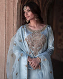 Ready To Wear Sky Chinon Silk Embroidery Work Pant Suit With Dupatta