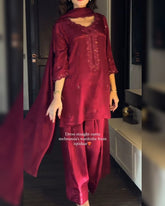Ready To Wear Red Chinon Silk Embroidery Work Farshi Suit With Dupatta