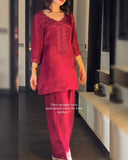 Ready To Wear Red Chinon Silk Embroidery Work Farshi Suit With Dupatta