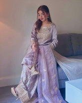 Ready To Wear Light Purple Crep Silk Embroidery Work Farshi Suit With Dupatta