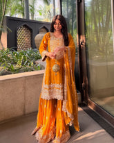 Ready To Wear Mango Yellow Soft Georgette Embroidery Work Gharara Suit With Dupatta