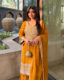 Ready To Wear Mango Yellow Soft Georgette Embroidery Work Gharara Suit With Dupatta