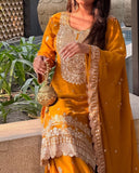 Ready To Wear Mango Yellow Soft Georgette Embroidery Work Gharara Suit With Dupatta