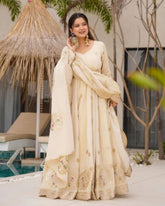 Exclusive Cream Chinon Silk Embroidery Work Anarkali Gown With Dupatta