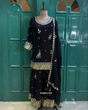 Ready To Wear Fanta & Black Chinon Silk Embroidery Work Sharara Suit With Dupatta