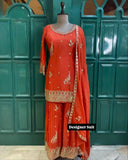Ready To Wear Fanta & Black Chinon Silk Embroidery Work Sharara Suit With Dupatta