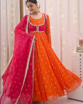 Ready To Wear Orange & Red Soft Georgette Anarkali Suit With Dupatta
