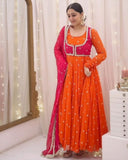 Ready To Wear Orange & Red Soft Georgette Anarkali Suit With Dupatta