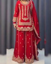 Exclusive Red Soft Georgette Sequence Work Sharara Suit With Dupatta