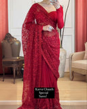 Exclusive Red Mono Net Embroidery Work Saree With Blouse