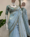 Exclusive Sky Tibby Silk Embroidery Work Saree With Blouse