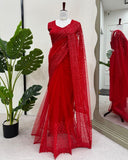 Exclusive Hot Red Soft Net Sequence Work Saree With Blouse