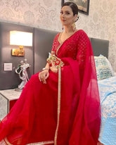 Exclusive Hot Red Organza Silk Embroidery Work Saree With Blouse