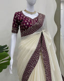 Exclusive White & Wine Silk Embroidery Work Saree With Blouse