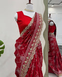 Exclusive Hot Red Kota Silk Embroidery Work Saree With Blouse