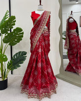 Exclusive Hot Red Kota Silk Embroidery Work Saree With Blouse