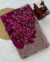 Exclusive Yellow & Pink Chiffon Silk Embroidery Work Saree With Blouse