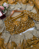 Exclusive Yellow & Pink Chiffon Silk Embroidery Work Saree With Blouse