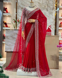 Exclusive Red Tibby Silk Sequence Work Saree With Blouse And Dupatta-Belt