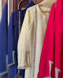 Ready To Wear Blue , Cream & Red Crep Silk Embroidery Work Farshi Suit With Dupatta