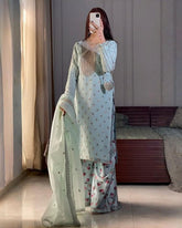 Ready To Wear Sky Soft Georgette Embroidery Work Palazo Suit With Dupatta